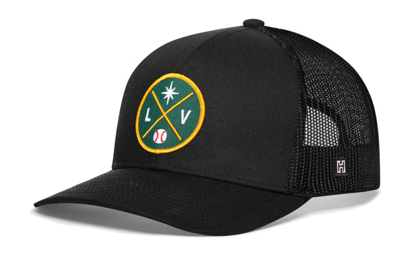 Black baseball trucker hat with round LV patch and mesh back
