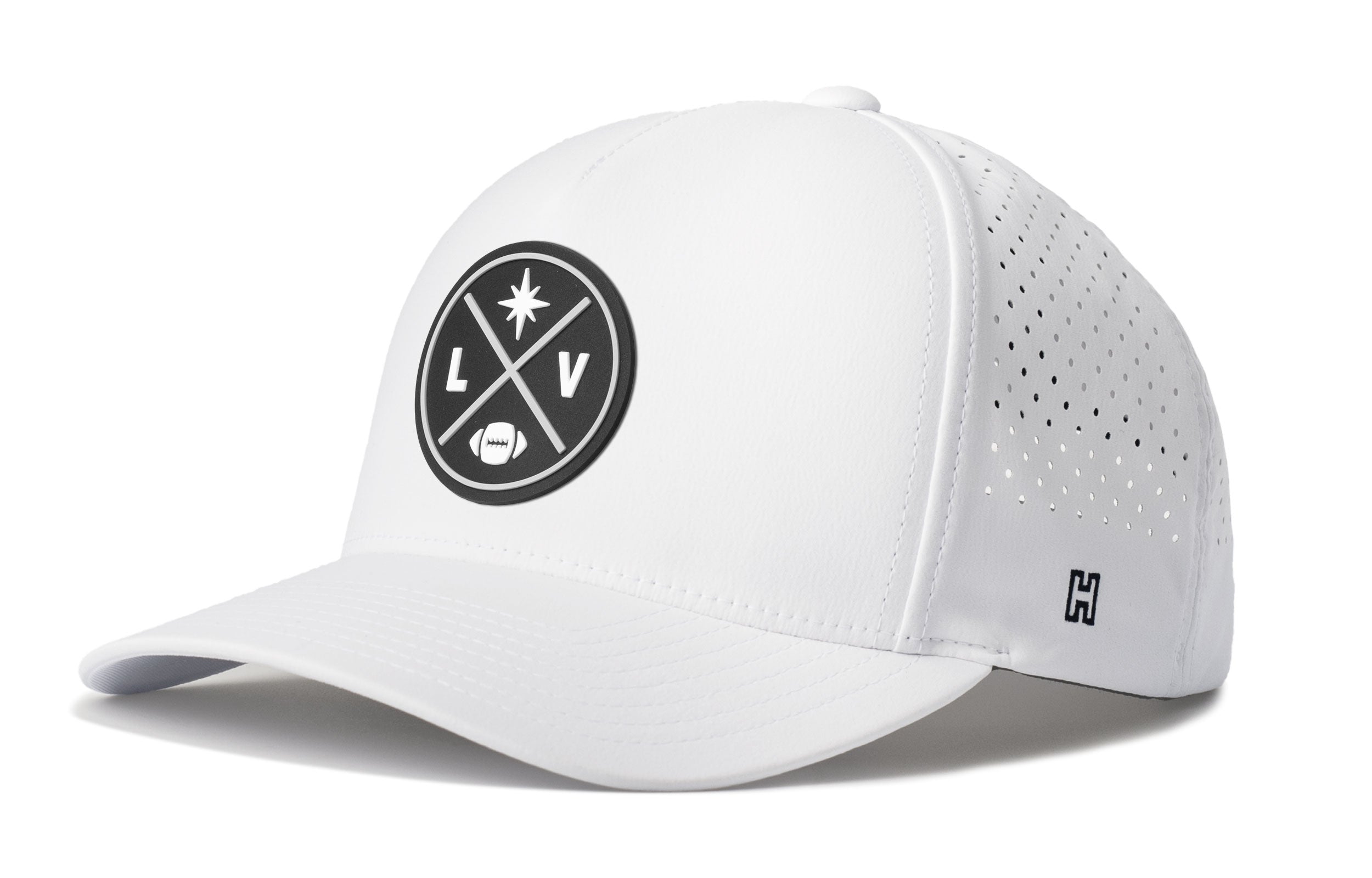 White 5-panel performance football cap with snapback, perforated side, LV patch and H logo.