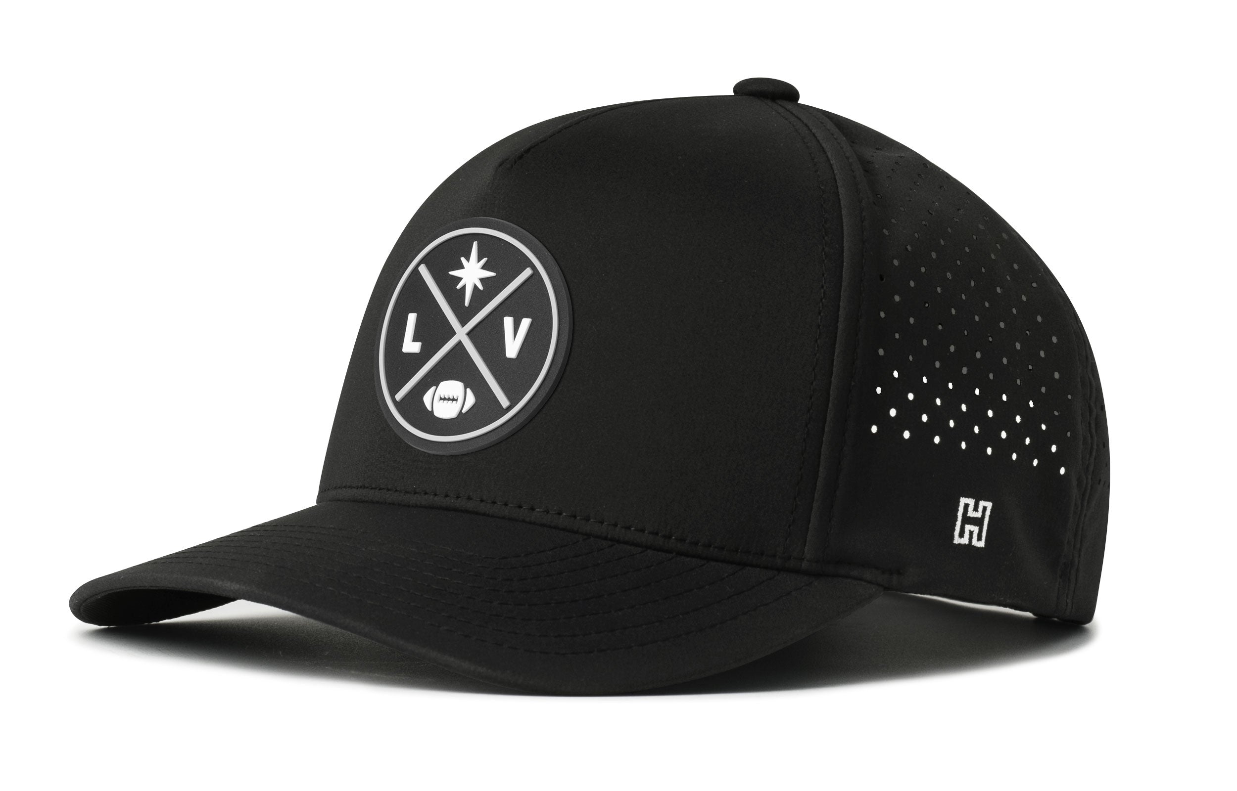 Black 5-panel performance football cap with snapback, perforated side, LV patch and H logo.