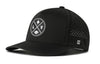 Black 5-panel performance football cap with snapback, perforated side, LV patch and H logo.