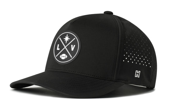 Black 5-panel performance football cap with snapback, perforated side, LV patch and H logo.