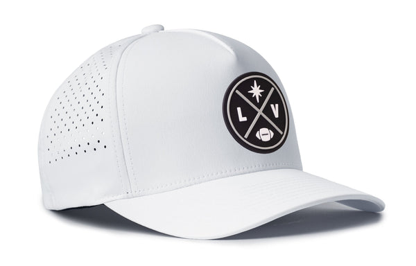 White 5-panel snapback cap with LV crest patch, perforated side panels, curved brim.