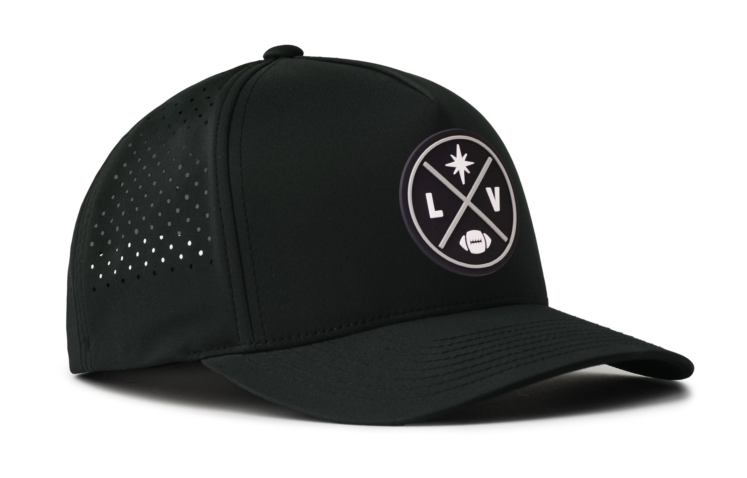 Black 5-panel snapback cap with LV crest patch, perforated side panels, curved brim.