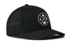 Black 5-panel snapback cap with LV crest patch, perforated side panels, curved brim.
