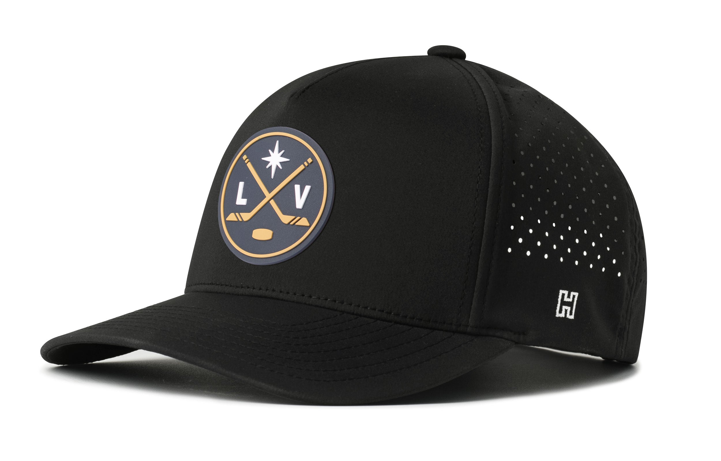 Black 5-panel snapback performance hat with LV logo patch, perforated side panels