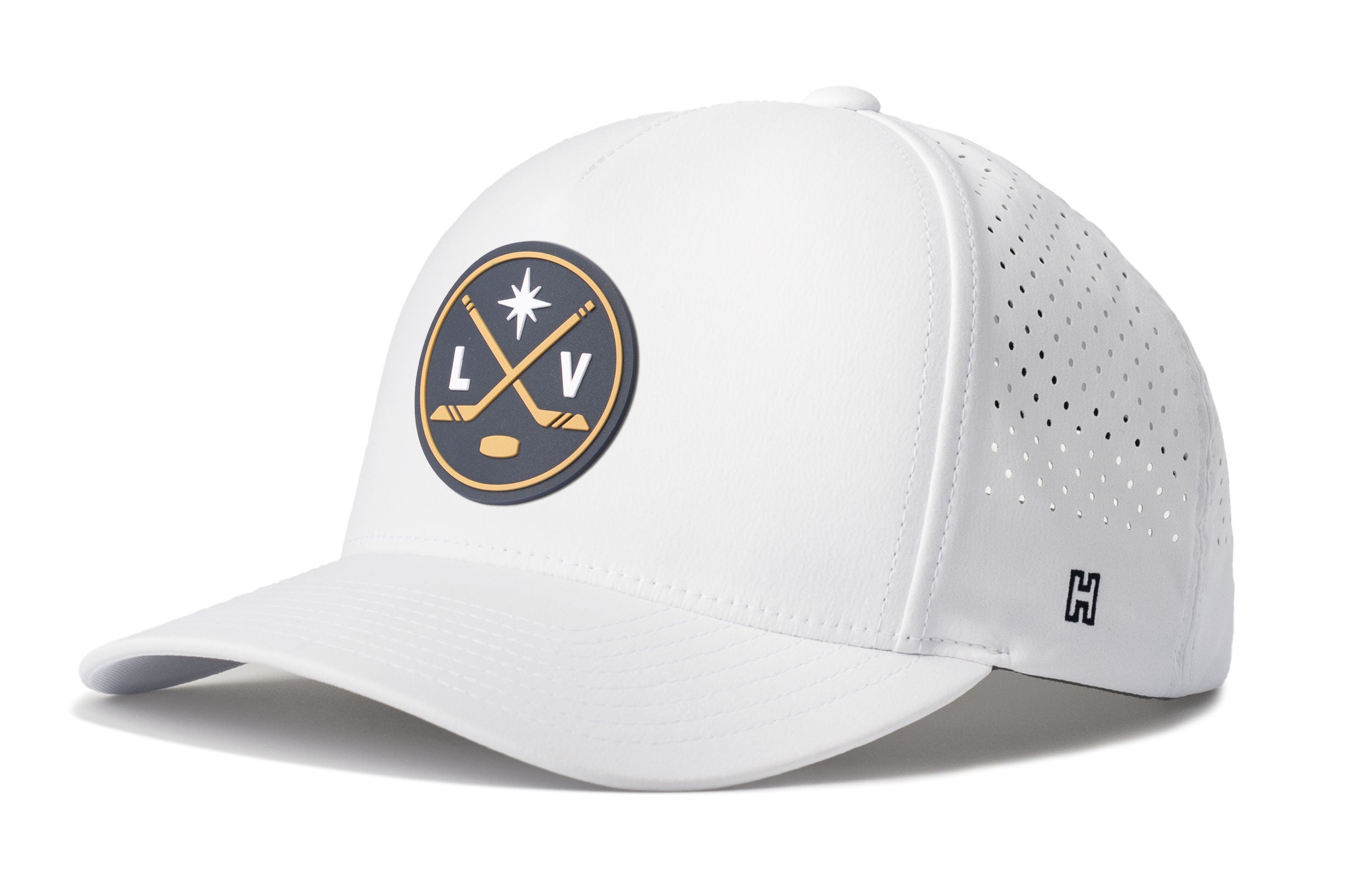 White 5-panel snapback performance hat with LV logo patch, perforated side panels