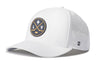 White 5-panel snapback performance hat with LV logo patch, perforated side panels
