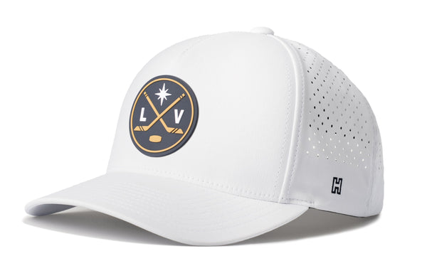 White 5-panel snapback performance hat with LV logo patch, perforated side panels