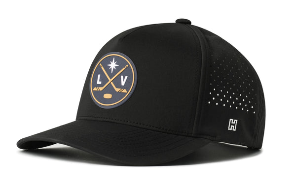 Black 5-panel snapback performance hat with LV logo patch, perforated side panels