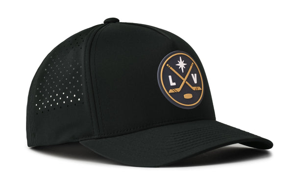 Black 5-panel snapback performance hat with LV logo patch and perforated side detailing