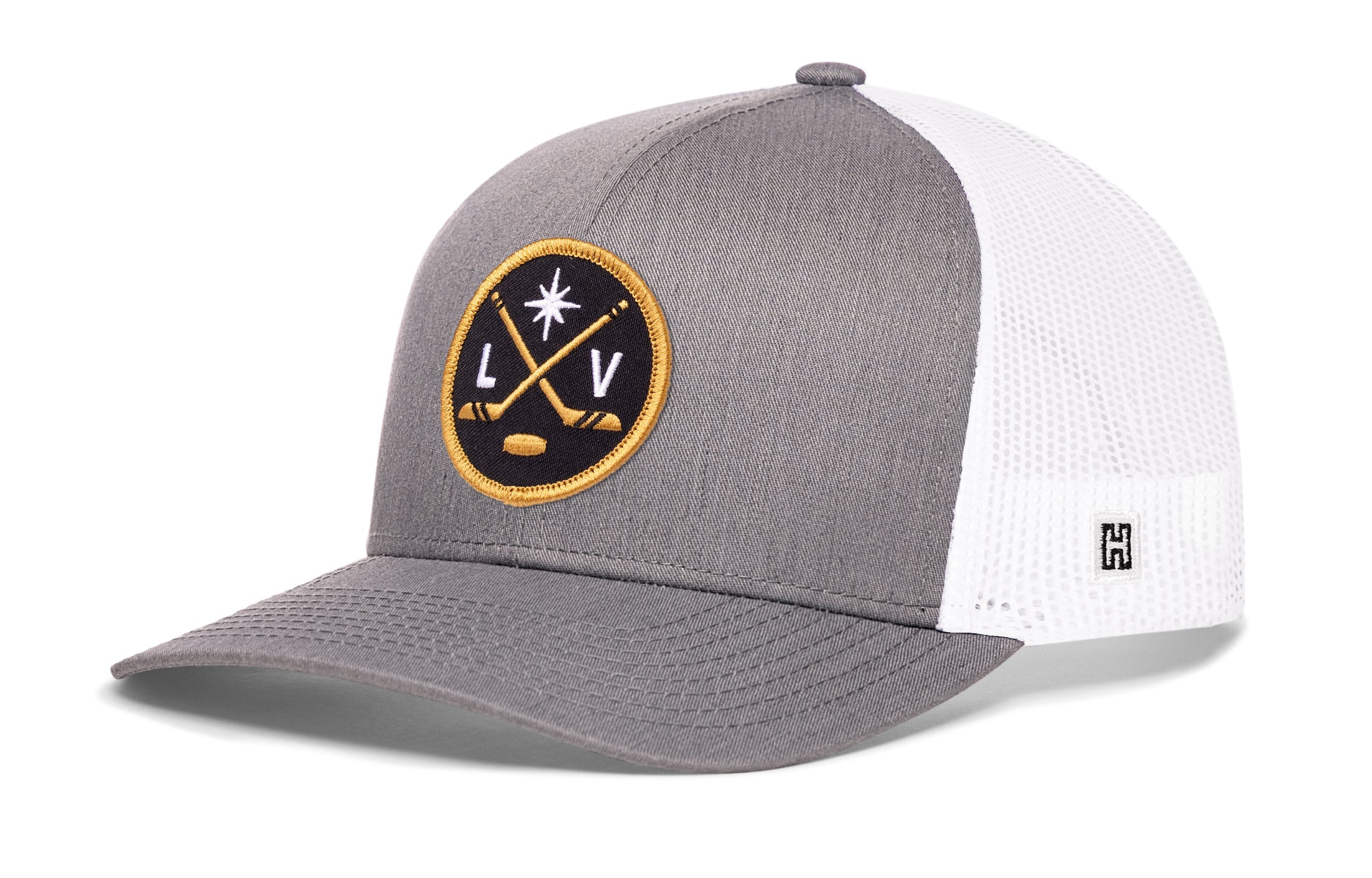 Heather gray and white trucker hat with circular LV hockey logo patch, mesh sides, brim.