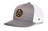 Heather gray and white trucker hat with circular LV hockey logo patch, mesh sides, brim.