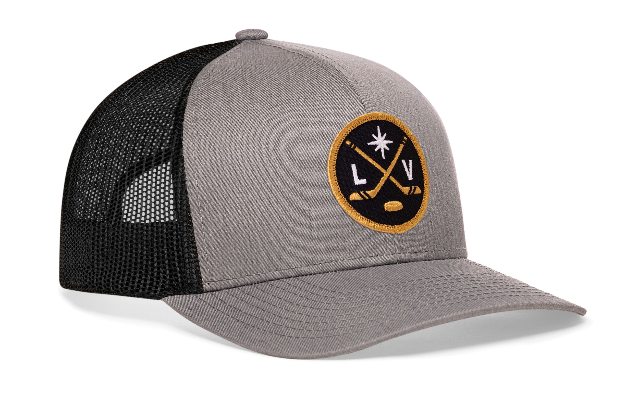 Heather gray and black trucker hat, side view, circular LV hockey logo patch, brim.