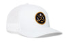 White trucker hat, side view, circular LV hockey logo patch, mesh panels, curved brim.