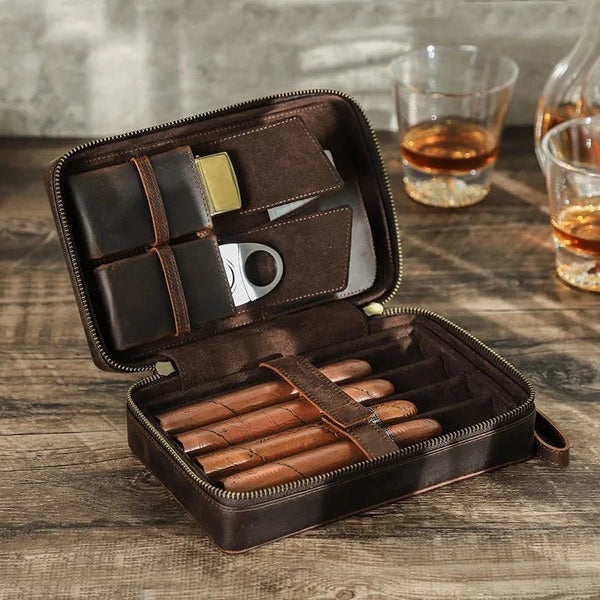 Leather Travel Cigar Humidor Box – Portable Cigar Case