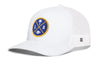 White trucker cap with mesh side panels and round LA X logo patch