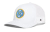 White trucker cap with LA X logo patch, white mesh side panels, snapback closure
