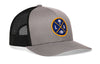 Gray trucker cap with black mesh side panels and round LA X logo patch