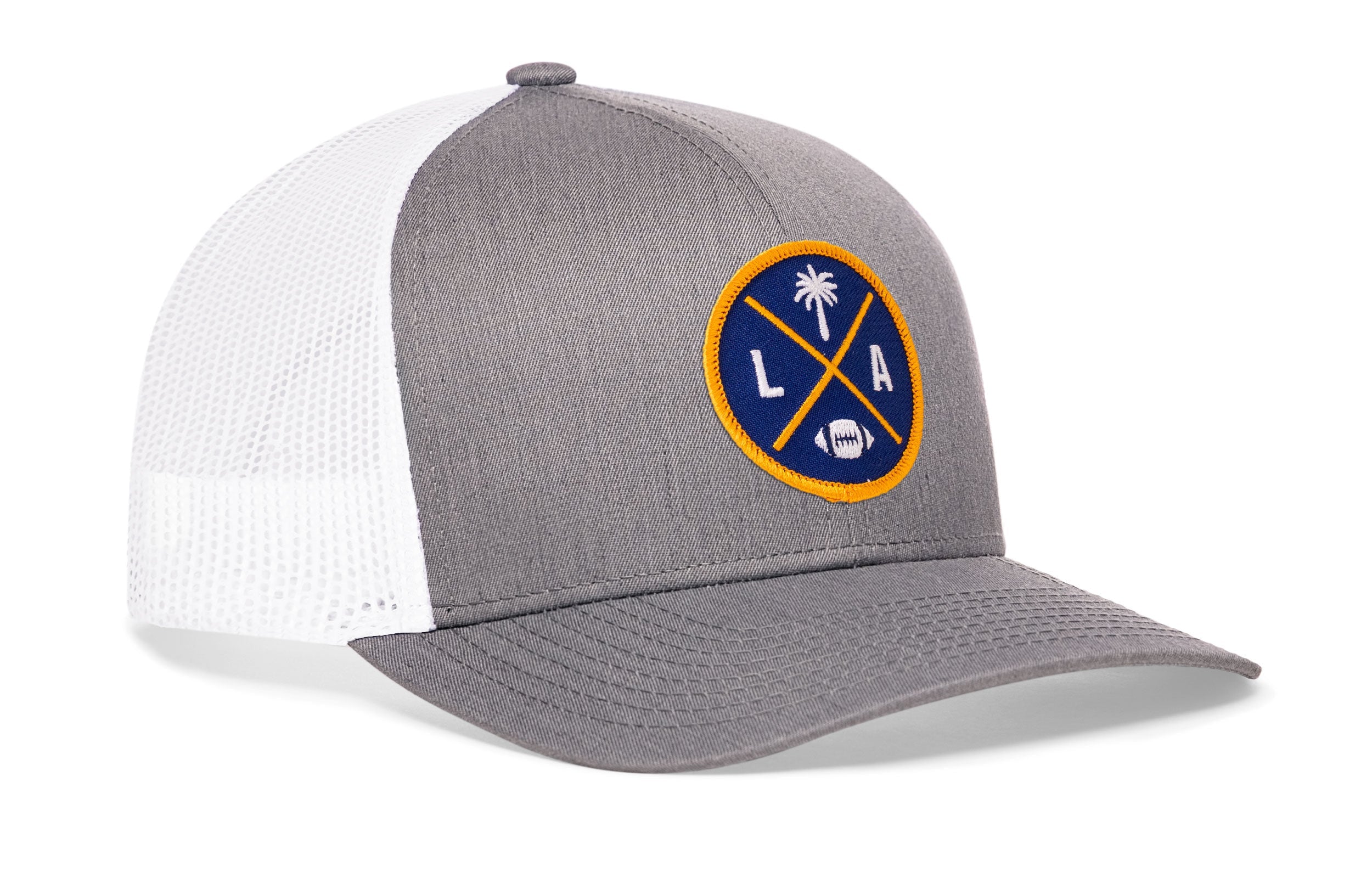 Light gray trucker cap with white mesh side panels and LA X logo patch