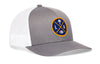 Light gray trucker cap with white mesh side panels and LA X logo patch