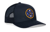 Dark navy trucker cap with black mesh side panels and round LA X logo patch