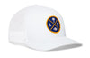 White trucker cap with mesh side panels and round LA X logo patch