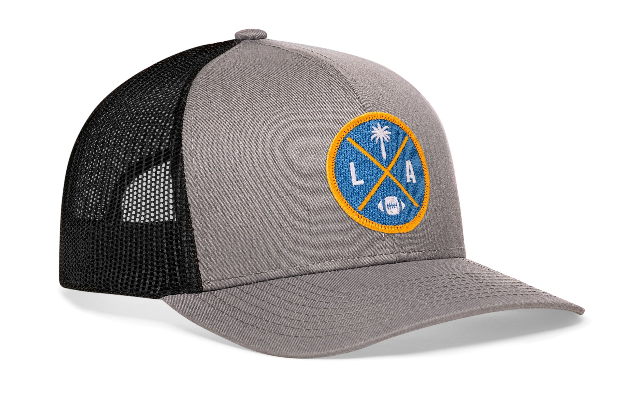 Gray front trucker cap with LA X logo patch, black mesh side panels, snapback
