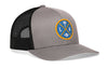 Gray front trucker cap with LA X logo patch, black mesh side panels, snapback