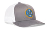 Gray front trucker cap with LA X logo patch, white mesh side panels, snapback
