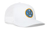 White trucker cap with LA X logo patch and white mesh side panels, snapback