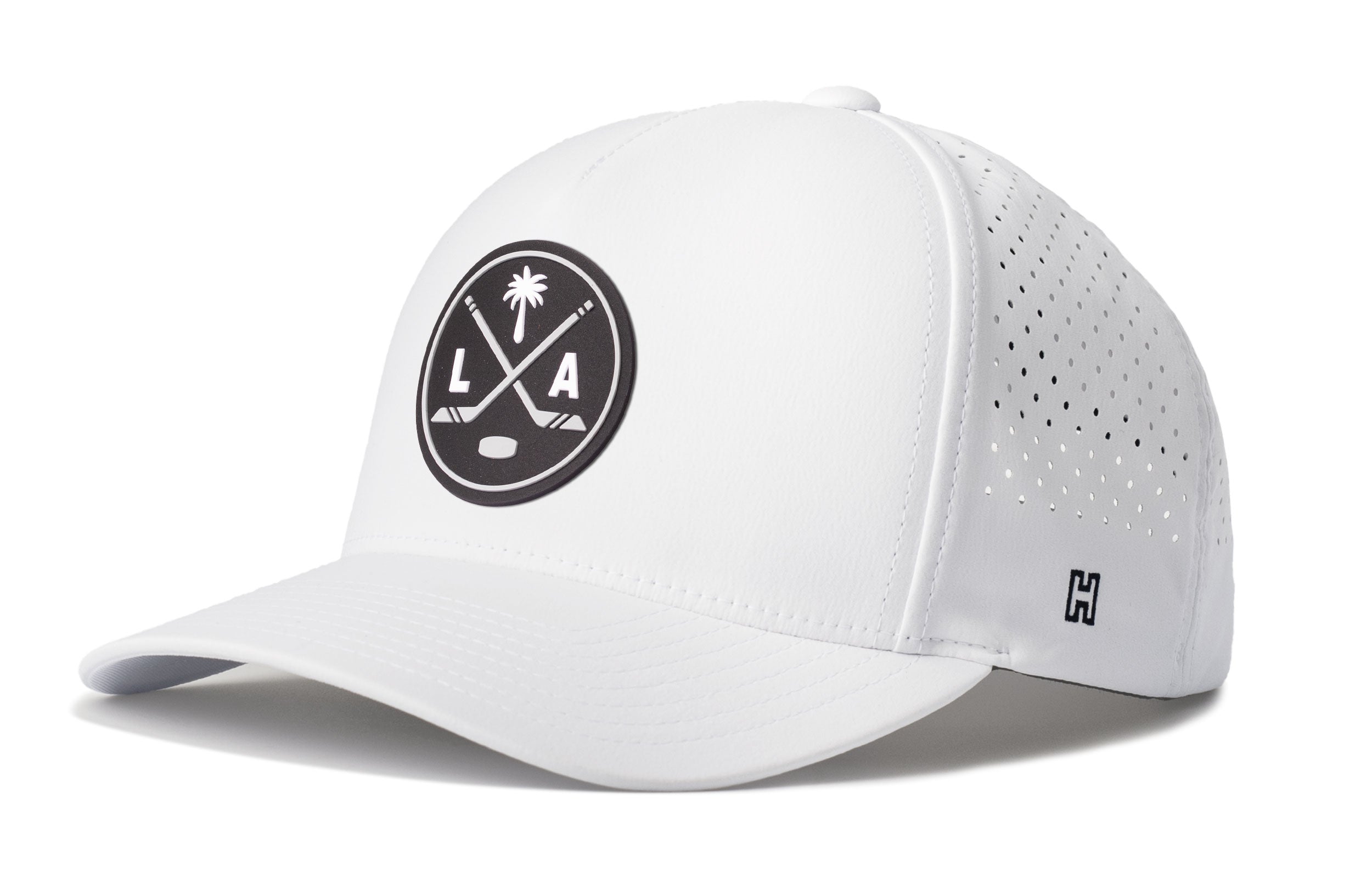 White 5-panel performance cap with LAX patch, perforated side panels, curved brim