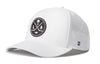 White 5-panel performance cap with LAX patch, perforated side panels, curved brim