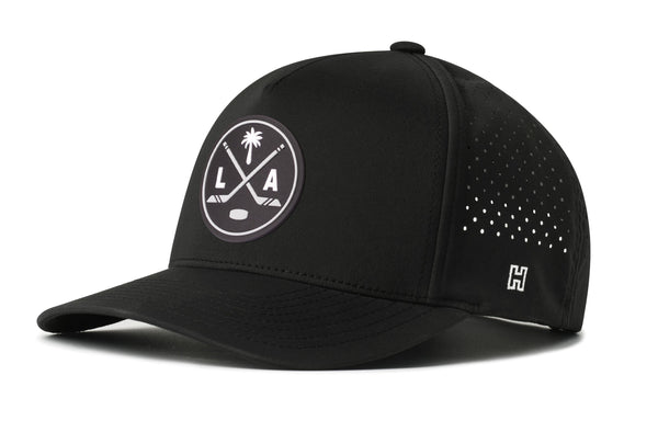 Black 5-panel performance cap with LAX patch, perforated side panels, curved brim
