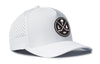 White 5-panel performance cap with LAX patch, curved brim, perforated side panels