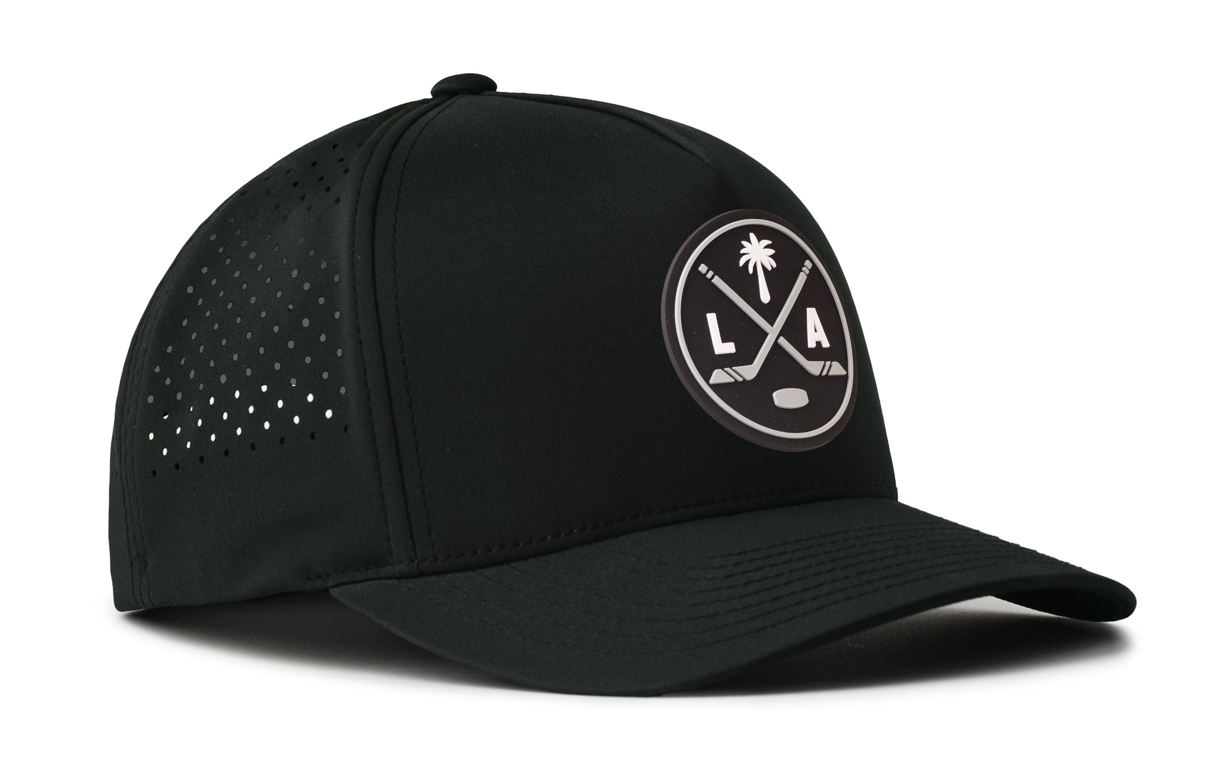 Black 5-panel performance cap with LAX patch, curved brim, perforated side