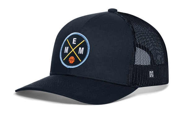Black basketball trucker hat with circular EMM logo patch and black mesh back