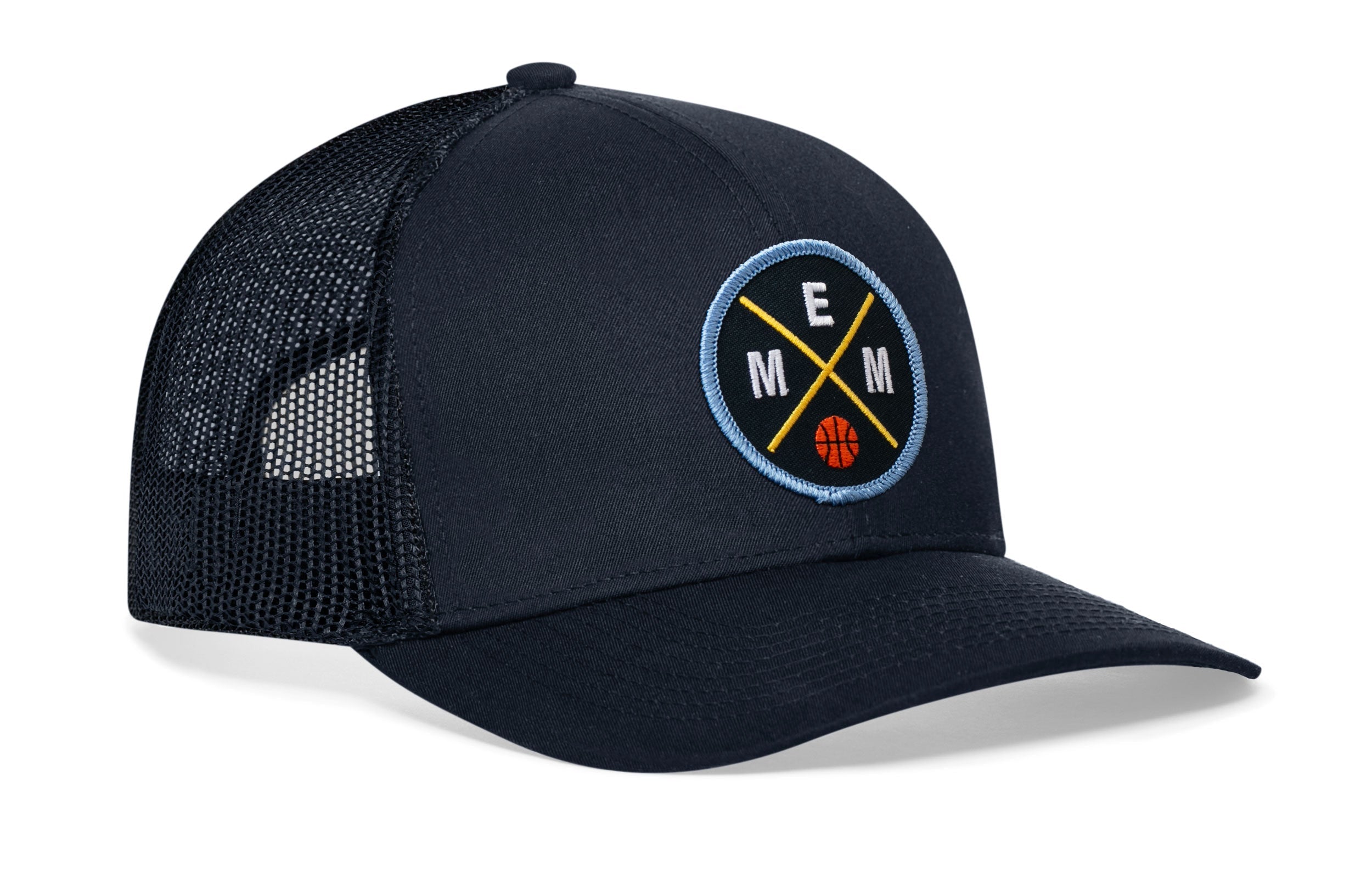 Navy basketball trucker hat with circular EMM logo patch and mesh side panels