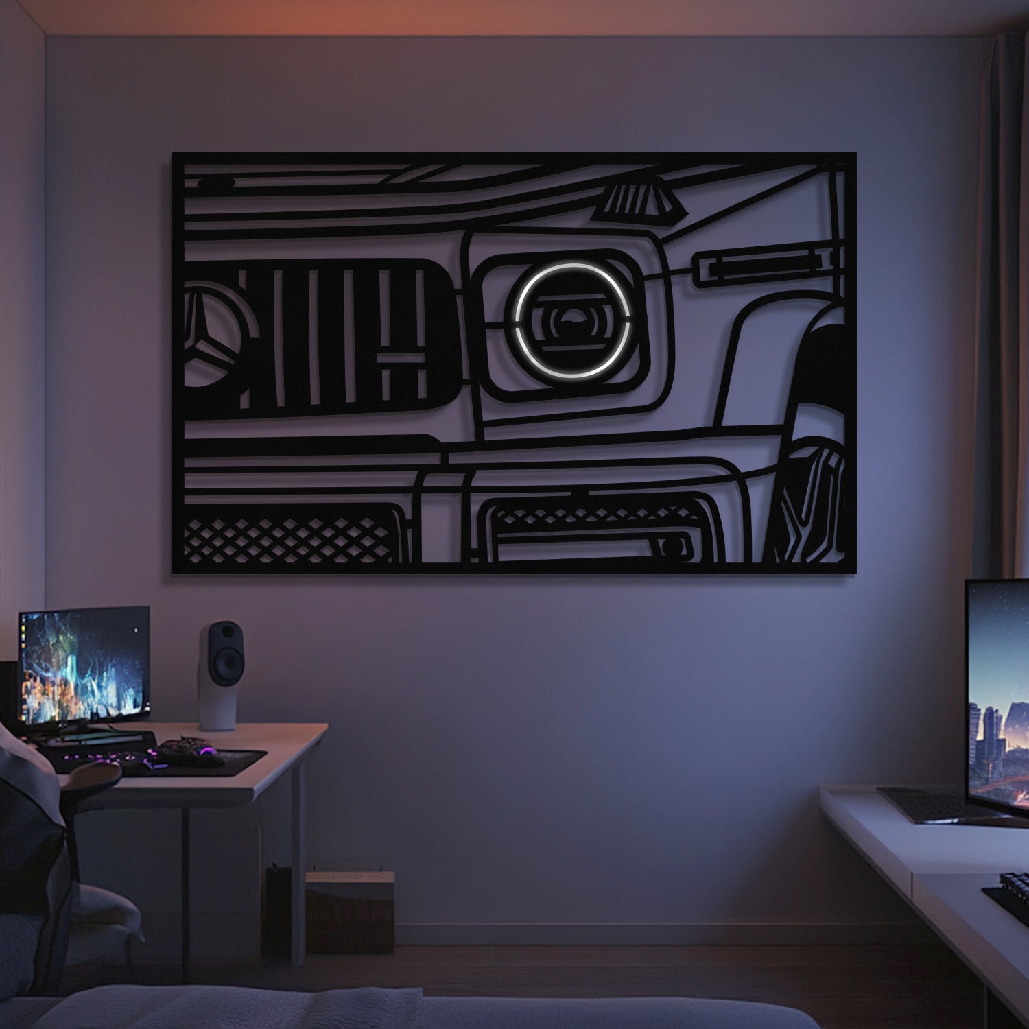 Metal neon frame wall art featuring a vehicle front grille design, black with light accents.
