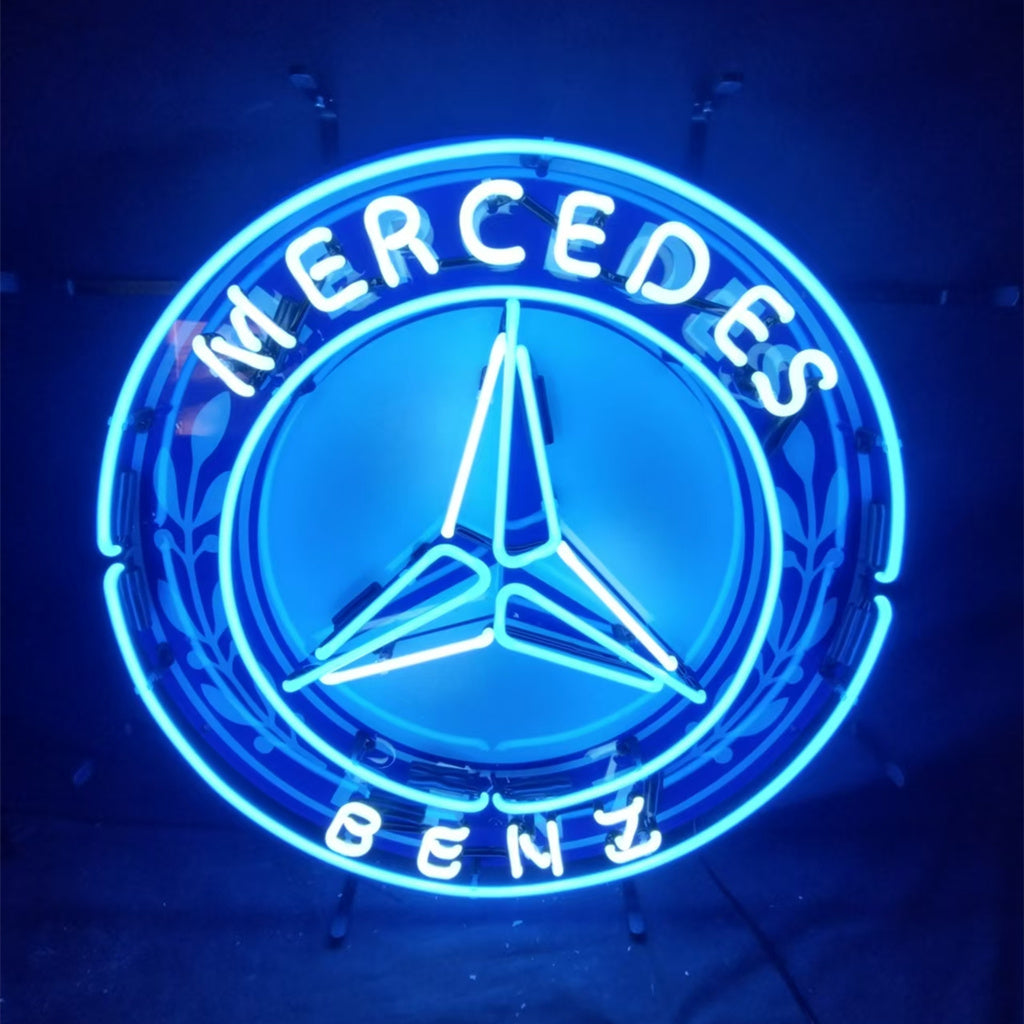 Blue circular neon logo sign with Mercedes three-point star and 'MERCEDES BENZ' text