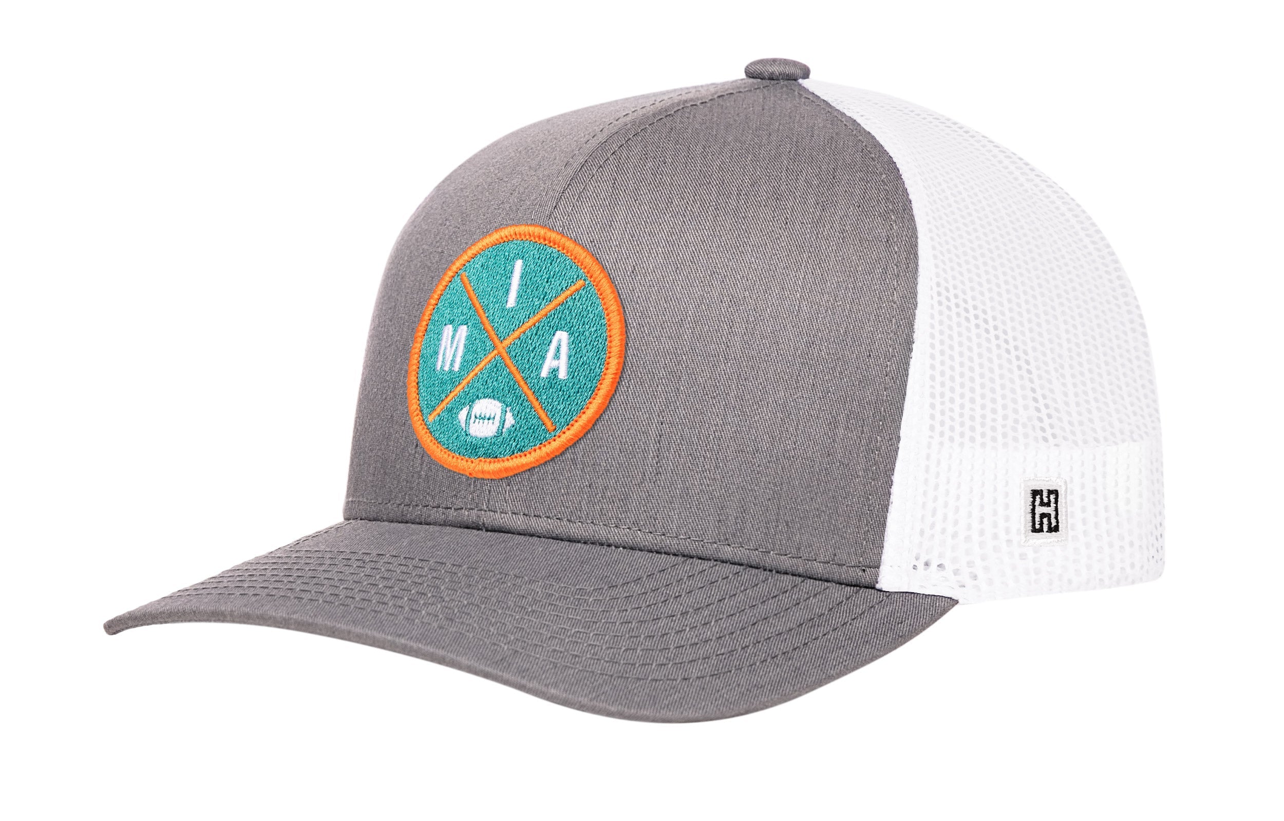 Gray trucker cap with white mesh back, curved brim, circular MIA patch on front