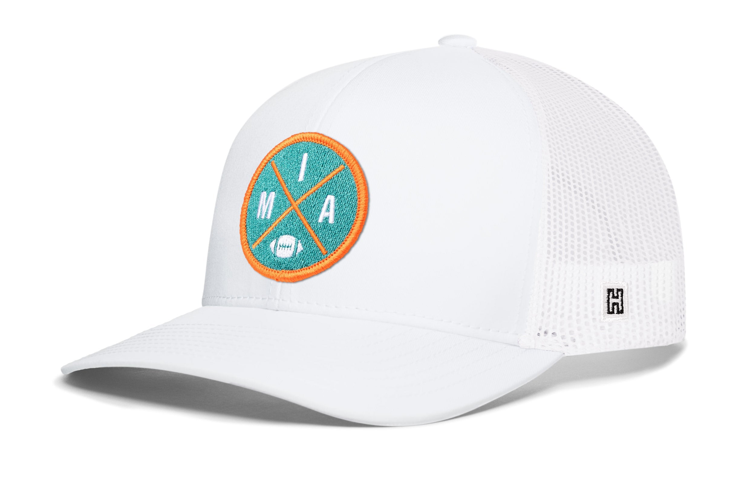 White trucker cap with mesh back, curved brim, circular MIA patch on front