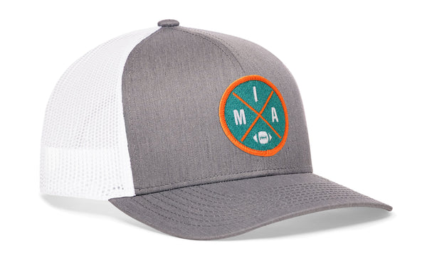 Gray trucker cap with white mesh back, curved brim, circular MIA patch on side