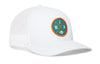 White trucker cap with mesh back, curved brim, circular MIA patch on right front