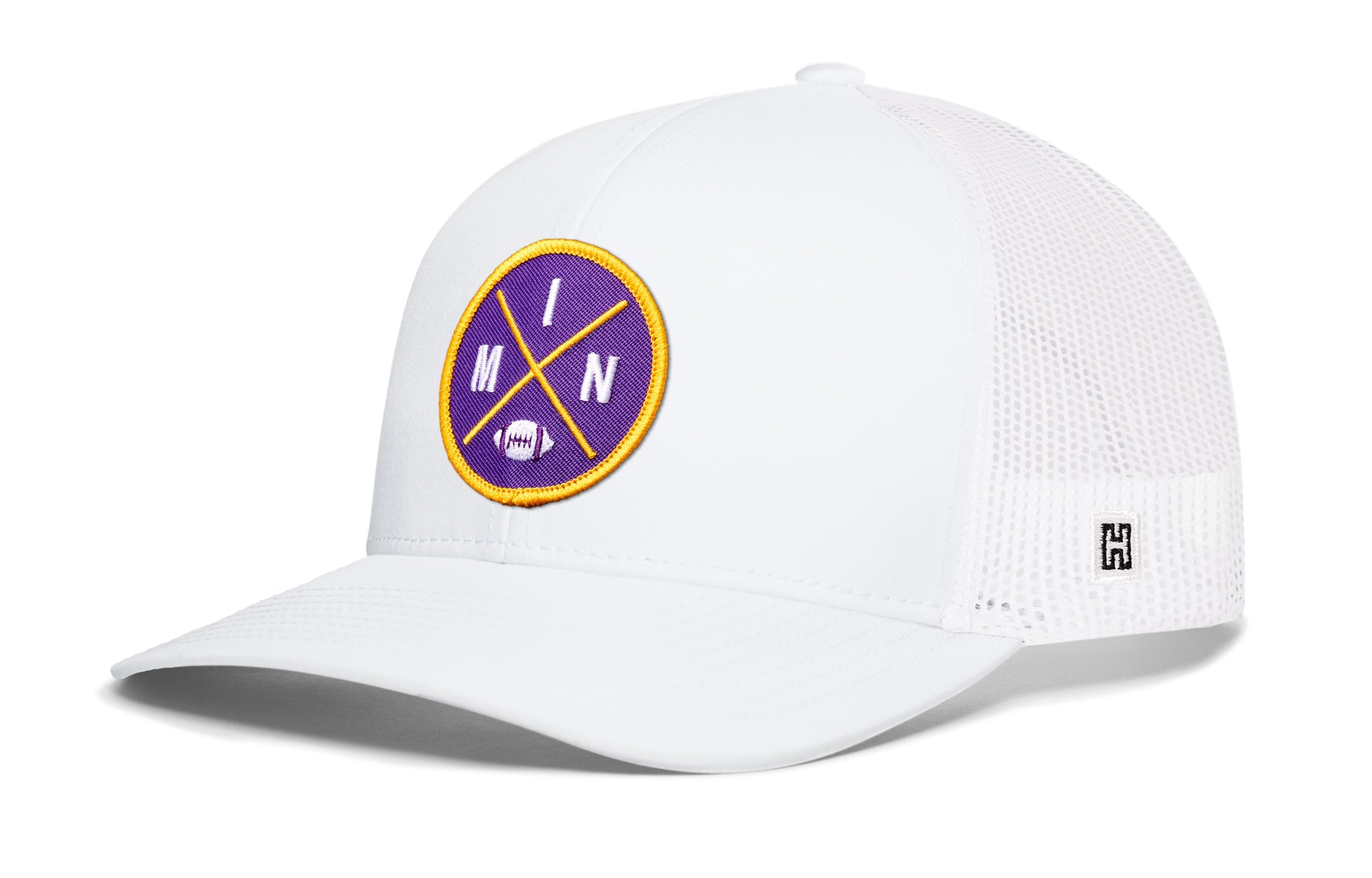 White trucker cap with front circular patch and white mesh side panels