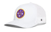 White trucker cap with front circular patch and white mesh side panels