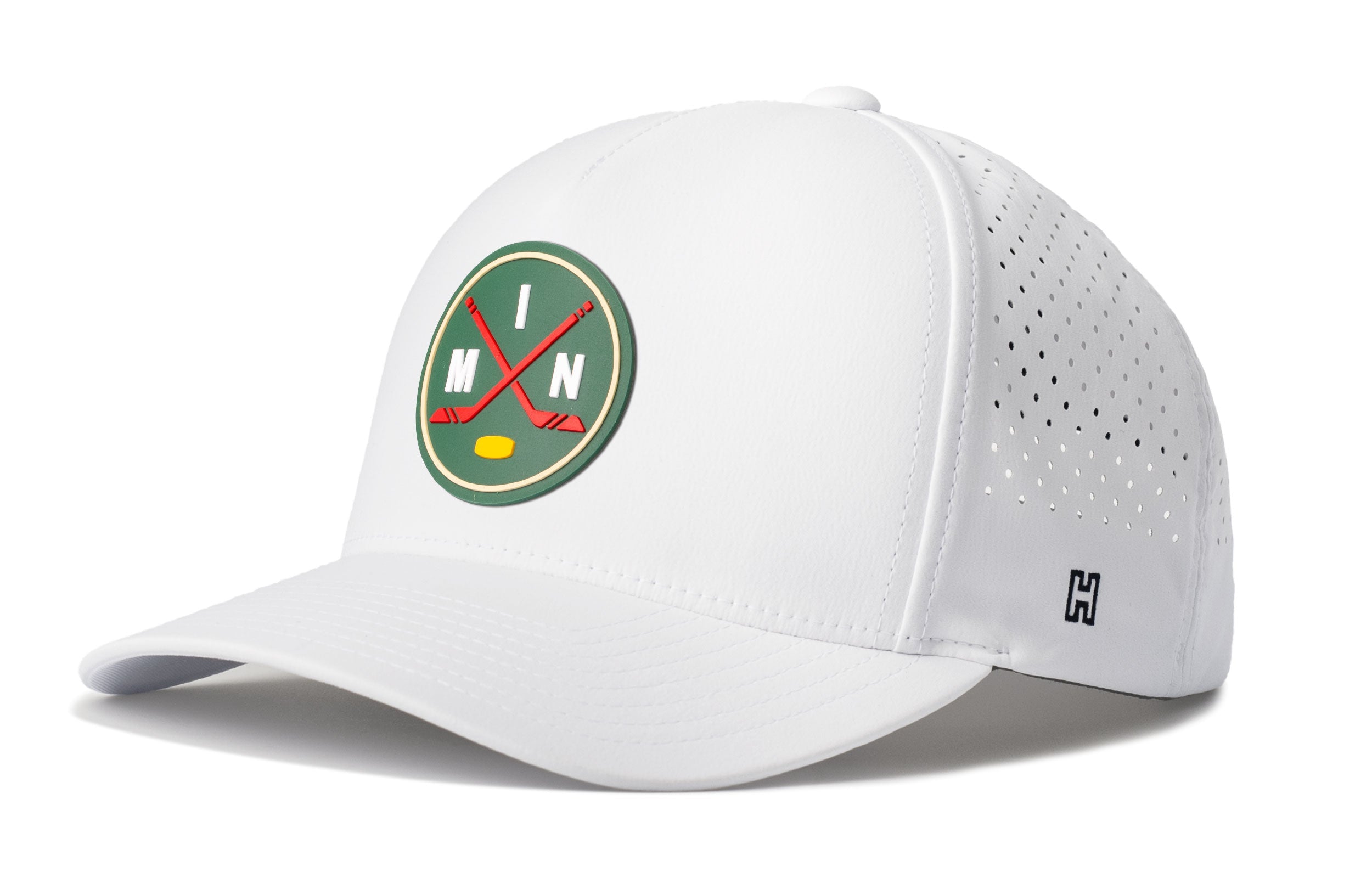 White 5-panel performance snapback hat with Minnesota Hockey crest and side perforations.
