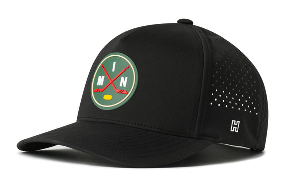 Black 5-panel performance snapback hat with Minnesota Hockey crest on front.
