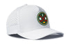 White 5-panel snapback hat with circular Minnesota Hockey crest and dotted side panel.
