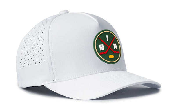 White 5-panel snapback hat with circular Minnesota Hockey crest and dotted side panel.