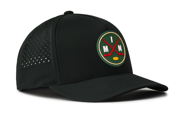 Black 5-panel snapback hat with circular Minnesota Hockey crest and dotted side panel.